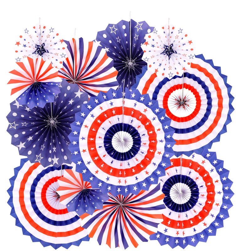 AKIO CRAFT Independence Day Party Hanging Paper Fans Decorations -National Day Patriotic American Theme Birthday Party 4th of July Party Ceiling Hangings Photo Booth Backdrops Decorations, 12pc - Image 1